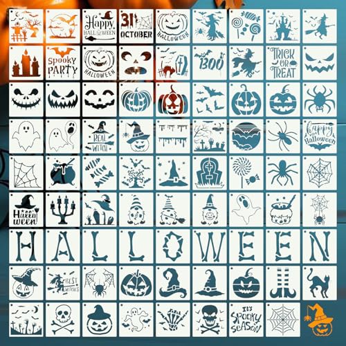 80 Pcs 4 x 4 Inch Halloween Stencils for Painting on Wood, Reusable Happy Pumpkin Spider Web Stencil DIY Ornaments Ghost Paint Template Set for Wall Door Home Decor - style: Halloween