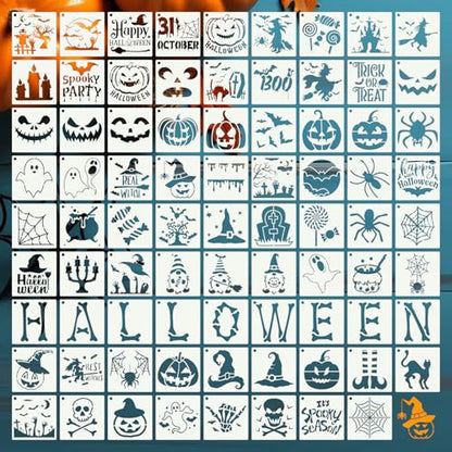80 Pcs 4 x 4 Inch Halloween Stencils for Painting on Wood, Reusable Happy Pumpkin Spider Web Stencil DIY Ornaments Ghost Paint Template Set for Wall Door Home Decor - style: Halloween