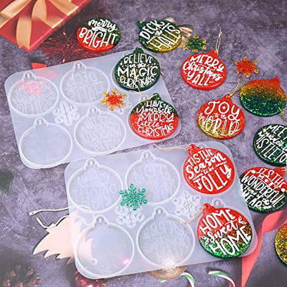 Sakolla Christmas Resin Molds 2 Pack Christmas Silicone Molds Ornaments Resin Molds Round Shape Lettered Pendant for Epoxy Resin Casting DIY Jewelry Keychain Snowflakes Crafts - color: Round/White
