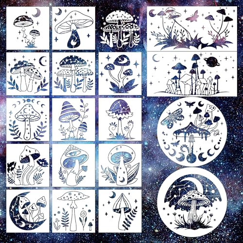 Keluna Mushroom Stencils for Painting, 18 Pcs Bohemian Art Craft, 12 Inch Large Reusable Crescent Moon Phase Drawing Template for Wood Wall Canvas Home Decor - style: mushroom
