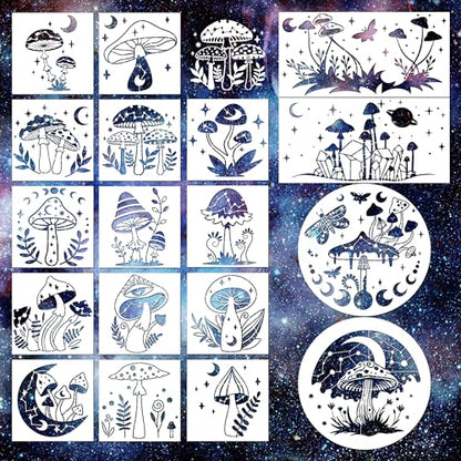 Keluna Mushroom Stencils for Painting, 18 Pcs Bohemian Art Craft, 12 Inch Large Reusable Crescent Moon Phase Drawing Template for Wood Wall Canvas Home Decor - style: mushroom