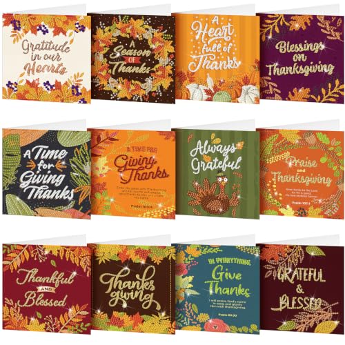 Saillong 12 Pack Fall Thanks Diamond Painting Greeting Card Kits DIY Thanksgiving Diamond Art Cards with Envelope Maple Leaves 5D Rhinestones Paint Card for Adults DIY Crafts Family Friend Autumn Gift - color: Thanksgiving