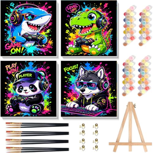 Arttoplus 4 Pack Paint by Numbers Kit for Kids with Frame Animals, 8x8in | Cute Animals Playing Video Games Kids Paint by Numbers Ages 4-8-12 with Wooden Easel, Painting by number for Gift Home Decor - color: BKH2724+BKH2725+BKH2726+BKH2727-US