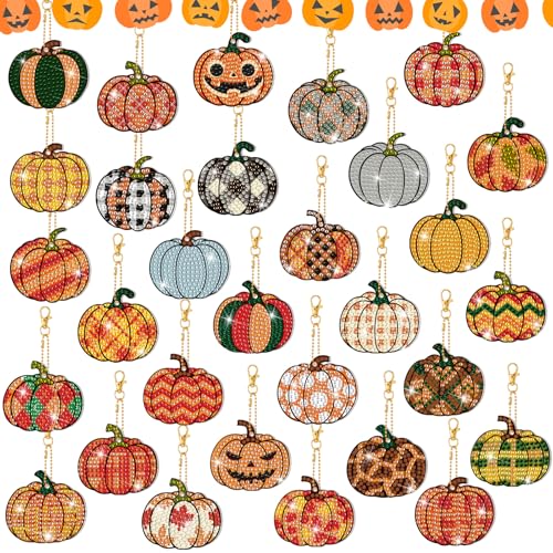 WILLBOND 30 Pcs Halloween Pumpkin Diamond Art Keychains Kits for Beginner | Halloween Diamond Art, Double Sided, DIY Pumpkin Diamond Painting Keychain Ornaments Kits for Adults Crafts Gifts Decor - color: Pumpkin