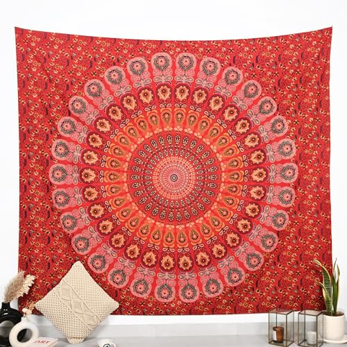 RAJRANG Hippie Wall Hanging Tapestry Golden Red King Size 90 x 84 Inches Boho Elephant Mandala Dorm Decor Meditation Bohemian Cotton Tapestries - color: Golden Red, size: 90"L x 84"W