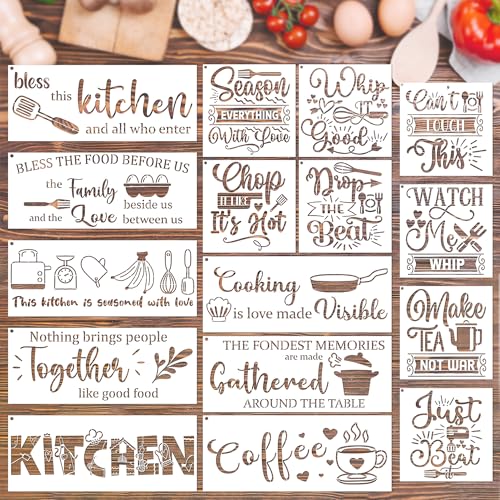 Keluna Kitchen Wall Stencils for Painting - 16 Pcs Reusable Kitchen Crafts Templates Cooking Themed Stencils for Painting on Wood Wall Cupboard Dining Baking Room Restaurant Home Décor - style: kitchen stencil