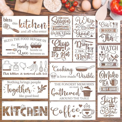 Keluna Kitchen Wall Stencils for Painting - 16 Pcs Reusable Kitchen Crafts Templates Cooking Themed Stencils for Painting on Wood Wall Cupboard Dining Baking Room Restaurant Home Décor - style: kitchen stencil