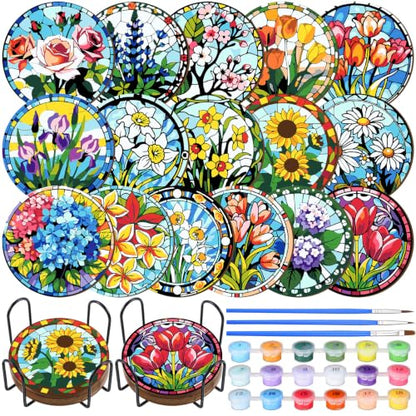 Reallnaive 8 Pcs Flower Paint by Numbers Kit for Adults Wood Floral Coaster | Mini Paint by Numbers, Tiny Round Oil Painting Drink Coaster with Holder, for Small DIY Craft Birthday Gift - style: Floral