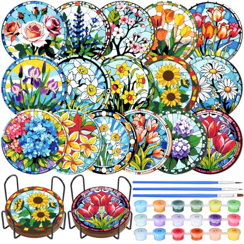 Reallnaive 8 Pcs Flower Paint by Numbers Kit for Adults Wood Floral Coaster | Mini Paint by Numbers, Tiny Round Oil Painting Drink Coaster with Holder, for Small DIY Craft Birthday Gift - style: Floral