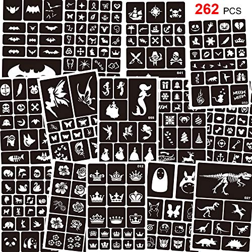 Konsait 262pcs Temporary Tattoos Stencils for Kids, Face and Body Paint Stencils Kit, Girl Boy Glitter Tattoos for Kids School Show Birthdays Halloween Christmas Party Favor Supplies