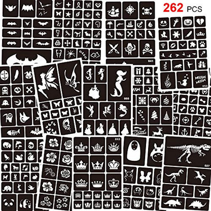 Konsait 262pcs Temporary Tattoos Stencils for Kids, Face and Body Paint Stencils Kit, Girl Boy Glitter Tattoos for Kids School Show Birthdays Halloween Christmas Party Favor Supplies