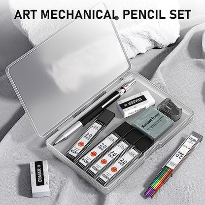 Four Candies 2MM Mechanical Pencil Set with Case, Metal, 60 Lead Refills | HB 2H 2B 4B Color graphite, with eraser, sharpener, leather case, for school writing, sketching, art drawing & drafting - size: 9 Piece Set