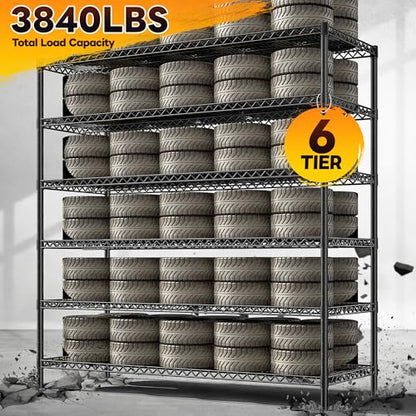 REIBII 6-Tier Heavy Duty Wire Shelving Unit, 3840LBS Storage Shelf Rack | 3840 lbs capacity,commercial grade,25mm steel rods,3 reinforcing posts/layer,powder-coated,rust-proof,tool-free assembly - size: 83"H x 55.5"W x 18"D
