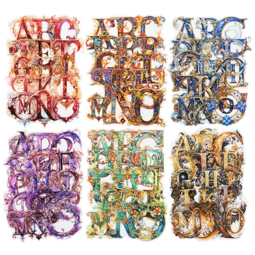 156 Pcs Baroque Alphabet Stickers for Scrapbook Journaling | Transparent PET with ornate A-Z letter designs in 6 color themes for junk journals, collages, card making and paper crafts - color: Baroque Alphabet