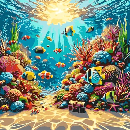 OJTOYART Sea Coral Reef Landscape Paint by Numbers Kit for Adults, Fish Painting by Numbers for Adults Beginner, DIY Acrylic Simple Paints by Number Kits for Home Wall Decor 16 X 16 inch - color: MT6434