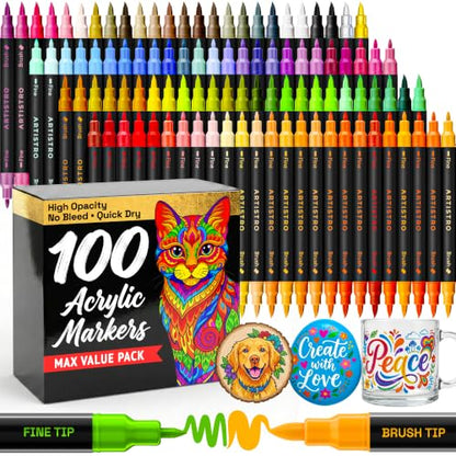 ARTISTRO 100 Acrylic Dual-Tip Glass Marker Pens for Wine Glasses | Brush + Fine Tips Vibrant Dual Tip Paint Pens for Party Charms, DIY, Craft - Art and Craft Supplies for Adults, Teens, Kids