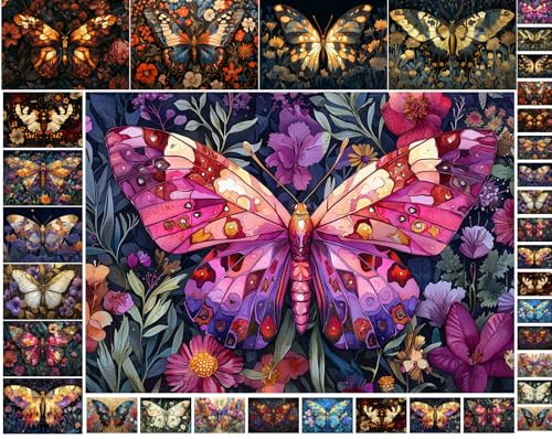 Decoupage Paper Pack (35 Sheets 6"x8") Stained Glass Butterflies ~ Intricate Butterflies in Glowing Stained Glass Style Surrounded by Wildflowers and Foliage, Blending Mosaic Beauty Botanical Charm - color: Two