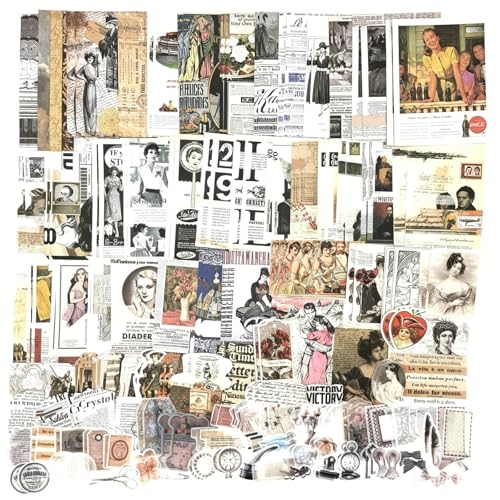 Esweny 200 Pieces Vintage Ephemera Scrapbooking Supplies Pack for Decoupage, Collage Craft, Notebooks, Album, Planners, Paper Scrapbook Stickers Kit (Retro) - style: Retro