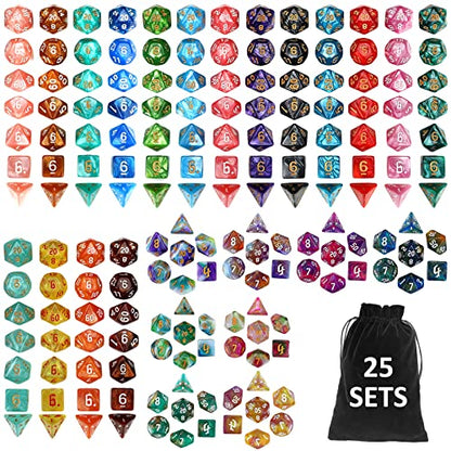 DND Dice Set, 25 X 7 (175 Pcs) Polyhedral Dice with 1 Black Pouch - color: 25sets-1