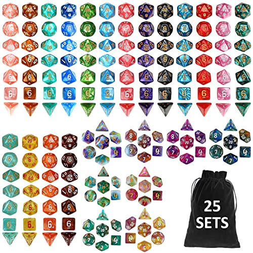 DND Dice Set, 25 X 7 (175 Pcs) Polyhedral Dice with 1 Black Pouch - color: 25sets-1