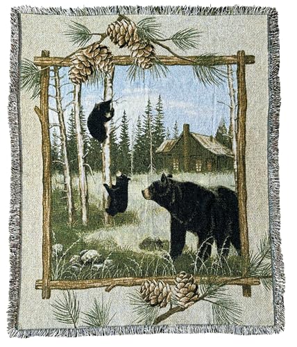 Log Cabin Bear Family Woven Tapestry Throw Blanket 50"x60" | Rustic throw wall hanging art, jacquard woven, soft travel mat, fringe tassels, multipurpose indoor outdoor use - color: Bear Family