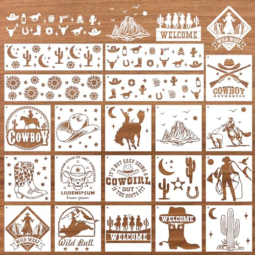 Keluna Western Cowboy Cowgirl Painting Stencils - 20 Reusable Stencils for Wood Burning, Landscape Cactus Western Scenes - style: western cowboy