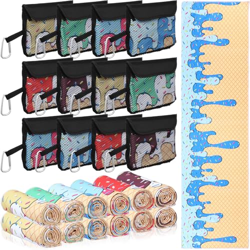 Moukeren 12 Pcs Cooling Towel with Mesh Storage Bag and D Ring Hook, 40" x 12" Soft Breathable Chilly Microfiber Sport Towels for Yoga Running Gym Workout Sport Party Favors Team Gift(Ice Cream Drip) - style: Ice Cream Drip