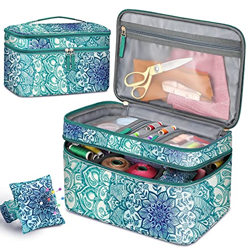 FINPAC Double-Layer Sewing Accessories Storage and Organizer Case Bag | Sewing Kits Carrying Bag with Wrist Pin Cushion for Threads, Needles, Embroidery Floss, Felting Kits, Emerald Illusions - color: Emerald Illusions