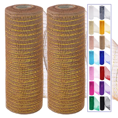 Brown Mesh Ribbon Rolls 10 Inch 10 Yds, Deco Mesh Fabric for Wreaths | (2 Rolls) 30Ft Each, Decorative Foil Mesh for Christmas Tree Ribbon, Door Decor, DIY Crafts, Halloween, Wedding Party Supplie - color: Brown