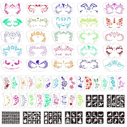 58PCS Face Paint Stencils, Halloween Festival DIY Body Art | Reusable, Washable, 50 Face Painting Stencils, 8 Sheets Tattoo Templates Stickers, Makeup Party, Painting Supplies