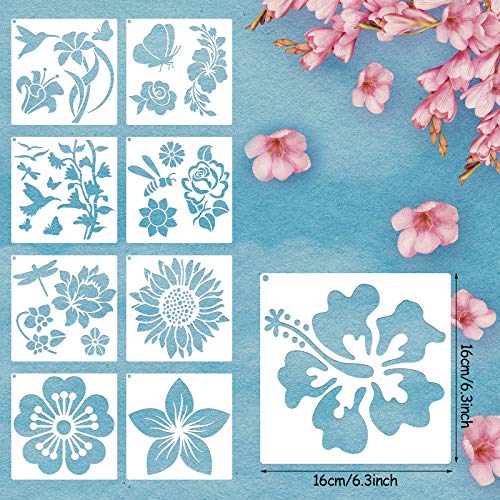 Zonon 16 Pcs Stencils for Painting, DIY Craft Templates, 6.3 X 6.3 Inch | Summer Reusable Painting Stencils for Wall Wood Canvas Crafts, Flower Butterfly Hummingbird Designs, Metal Open Rings - size: 6.3 x 6.3 Inch