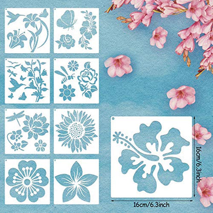 Zonon 16 Pcs Stencils for Painting, DIY Craft Templates, 6.3 X 6.3 Inch | Summer Reusable Painting Stencils for Wall Wood Canvas Crafts, Flower Butterfly Hummingbird Designs, Metal Open Rings - size: 6.3 x 6.3 Inch