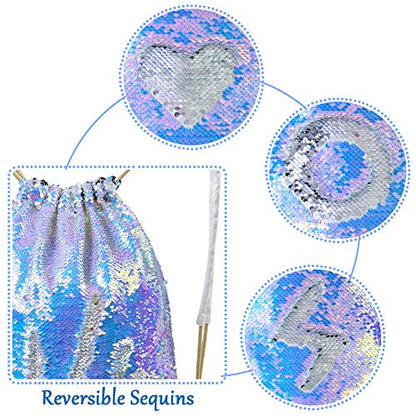 MHJY Sparkly Reversible Sequin Drawstring Backpack for Sports Gym Beach | Sparkly Reversible Sequin Mermaid Backpack With Creative DIY, Featuring Inside Pocket & Drawstring For Dance Swim - color: Mermaid Purple/Silver