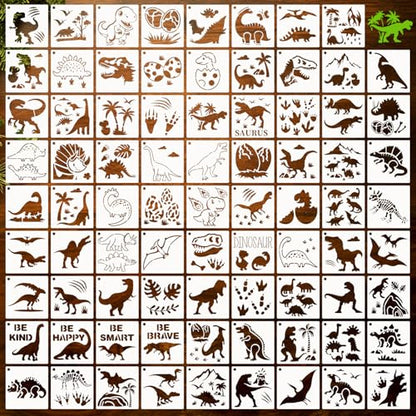80 Pcs 3 x 3 Inch Stencils for Painting on Wood, Reusable Dinosaur Animal Mountain Plastic Stencils DIY Craft Paint Template Set for Wall Card Rock Home Decor - style: Dinosaur