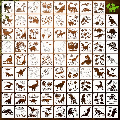 80 Pcs 4 x 4 Inch Stencils for Painting on Wood, Reusable Dinosaur Animal Mountain Plastic Stencils DIY Craft Paint Template Set for Wall Card Rock Home Decor - style: Dinosaur