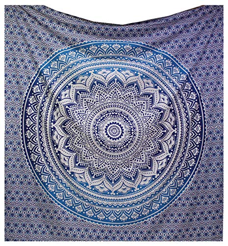 raajsee Large Blue Ombre Mandala Tapestry Wall Hanging,Indian Cotton Beach Throw Blanket Hippie Bohemian Elephant Queen Boho Décor,Meditation Yoga Mat Rugs,82x92 inches - color: Blue Ombre, size: 92"L x 82"W