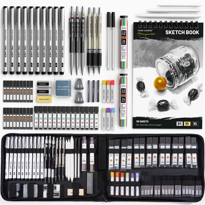 Four Candies 73PCS Advanced Drawing Kit with Professional Art Supplies | Fineliner Pens, Mechanical Pencils, 3-Color Sketchbook, Charcoal Sticks,Pastels for Sketching Drawing Comics, Artists