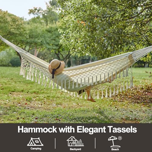 Brazilian Double Hammock with Tree Straps, Extra Large, 450 lbs Capacity | Soft Woven Cotton Fabric Handcrafted Macrame Tassels 94.5 × 63 in, 2-Person Hammock for Outdoor Natural White with Tassels - color: Natural White With Tassels, size: X-Large