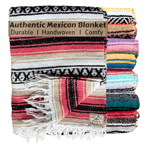 Del Mex Classic Mexican Blanket, Large Authentic Woven Falsa Throw (70"x50"), Artisan Southwest Décor for Beach, Yoga, Outdoors (Pink/Tan) - color: Pink/Tan