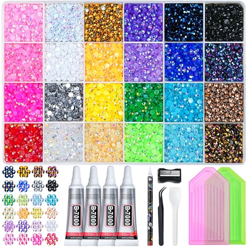 35000 Pcs Resin Jelly Rhinestones Kit, Multicolor 3mm Flatback Rhinestones with 4 Pcs B7000 Jewelry Glue & Tools, All-in-One Bedazzling Kit for DIY Arts & Crafts Gifts - color: 24 Colors 3mm