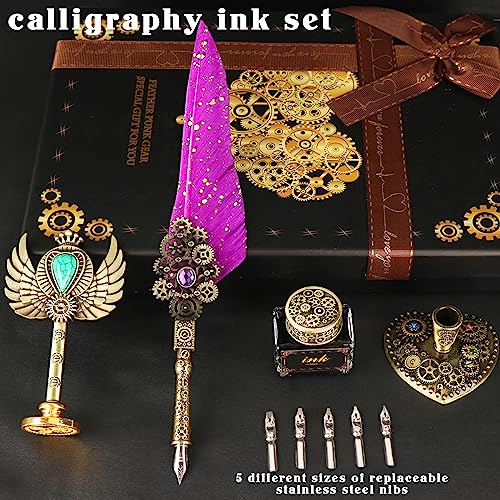 Aifeiter Feather Quill Pen Ink Set - Calligraphy Set, Wax Seal Stamp, Purple Ink, Beautiful Gift, Christmas Gifts - color: Purple