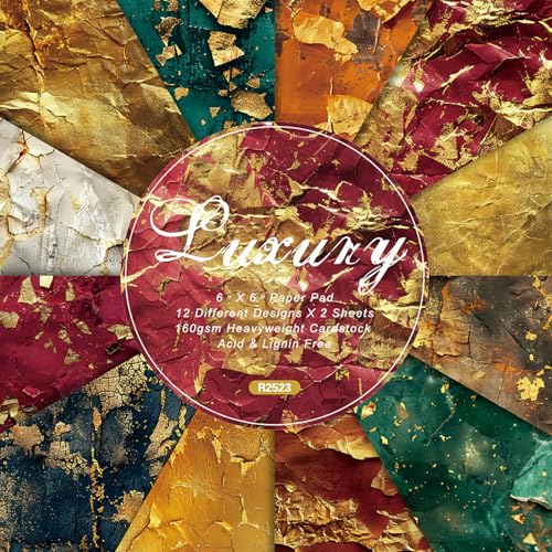 6x6 Scrapbook Paper Pad - Luxury Gold Foil Texture 160gsm Heavyweight Cardstock, 24 Pcs Distressed Metallic Decorative Paper for Scrapbooking, Junk Journal Supplies & DIY Crafts - color: R2523 - 6×6