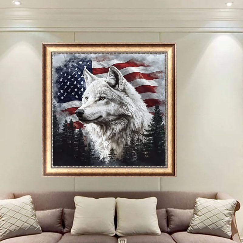 KTHOFCY 5D DIY Diamond Painting Kits for Adults, American Flag and Wolf Full Drill Embroidery Cross Stitch Crystal Rhinestone Paintings Pictures Arts Wall Decor Painting Dots Kits 11.8X11.8 inch