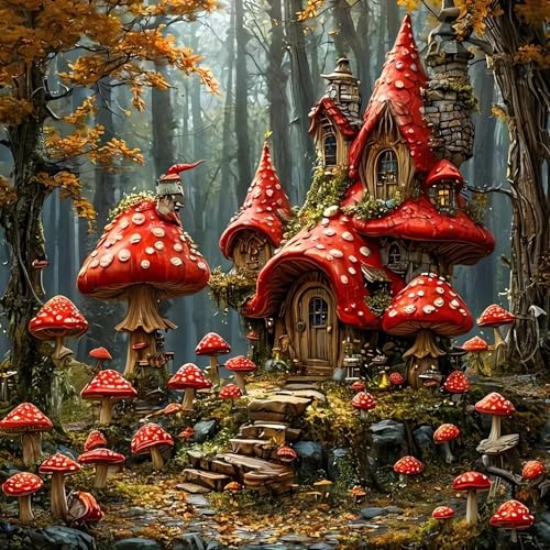 Forest Mushroom House Diamond Art Kits for Adults, 5D Diamond Painting Kits | Diamond Dot for Adults, Small Dimond Art Paintings, Full Drill Gem Painting, Crafts for Adults, Home Wall Decor (14x14inch) - color: QY151