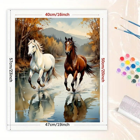 TAOPAOLAB Running Horses in Autumn Stream Paint by Numbers Kit for Adults – DIY White and Brown Horses Painting on Canvas 16x20 inch, Acrylic Paint Set for Beginners, Animal Art for Decoration/Gifts - color: FM05975, size: 40×50cm Unframed