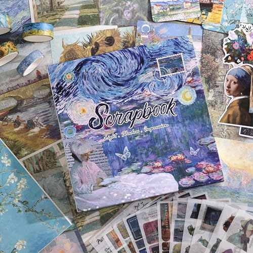 Scrapbooking Supplies Kit, Monet Van Gogh Oil Painting Theme Scrapbook Kit for Bullet Junk Journal, 12 Rolls Washi Tape, Stickers Papers for DIY Journaling Supplies, Craft Gift for Women Teenage - color: Oil painting