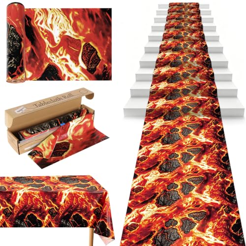 100FT x 54IN Halloween Lava Plastic Tablecloth Roll with Slide Cutter Box | Heavy Duty Disposable Frame Volcano Table Cover Wall Backdrop for Hot Lava Dinosaur Theme Party Halloween Game Decorations - color: Red Lava, size: 1200" x 54" (Rectangular)