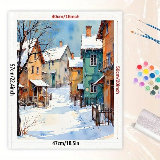 Winter Village Paint by Numbers Kit for Adults - DIY Snowy Houses and Street Scene Painting on Canvas 16x20 Inch, Acrylic Paint Set, Suitable for Beginners, Art for Home Decoration or Gifts - color: HSX01412, size: 16X20IN Folded