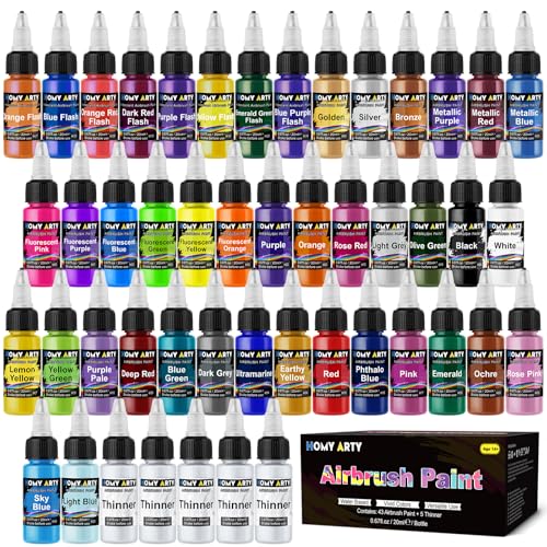 HOMY ARTY Airbrush Paint - 43 Colors with 5 Thinner | Ready to Spray Airbrush Paint Set, Water-Based Acrylic Air Brush Paints for Metal, Plastic Models, Canvas, Wood - 48 Bottles - color: 43 Colors with 5 Thinner