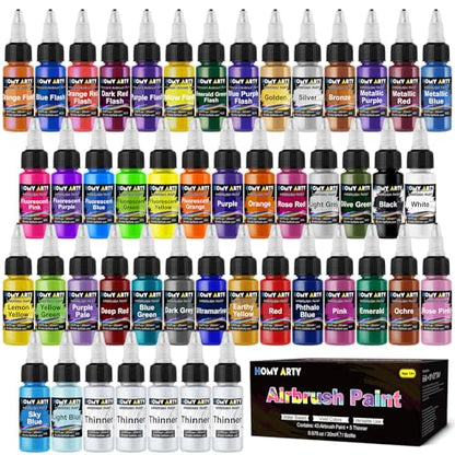 HOMY ARTY Airbrush Paint - 43 Colors with 5 Thinner | Ready to Spray Airbrush Paint Set, Water-Based Acrylic Air Brush Paints for Metal, Plastic Models, Canvas, Wood - 48 Bottles - color: 43 Colors with 5 Thinner